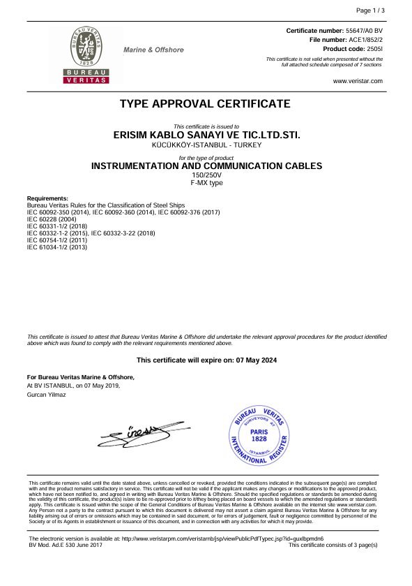 BUREAU VERITAS TYPE APPROVAL CERTIFICATE INSTRUMENTATION AND COMMUNICATION CABLES