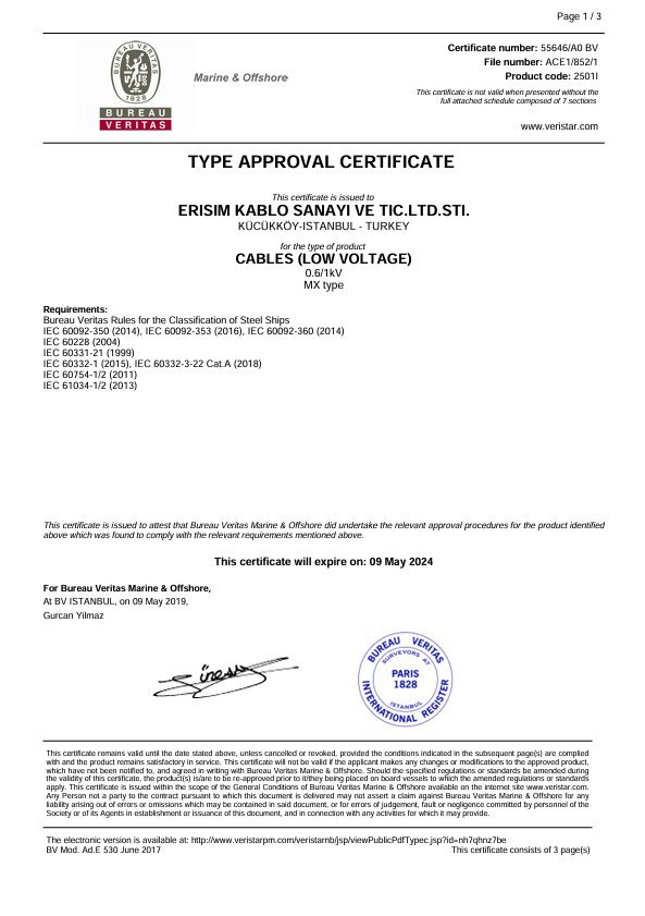 BUREAU VERTITAS TYPE APPROVAL CERTIFICATE CABLES (LOW VOLTAGE)