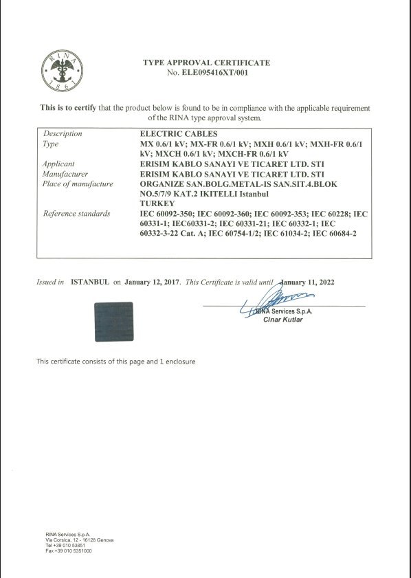 RINA TYPE APPROVAL CERTIFICATE MX 0.6/.kV; MX-FR 0,6/1kV; MXH 0.6/1 kV; MXH FR 0.6/1 kV; MXCH 0.6/1 kV; MXCH-FR 0.6/1kV