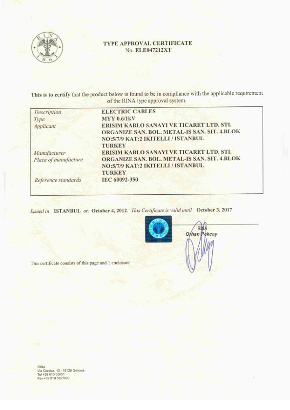 RINA TYPE APPROVAL CERTIFICATE MYY CABLES